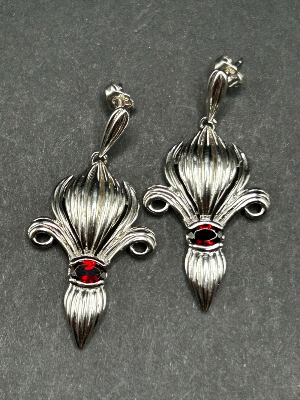Signed Sterling Silver Fleur-de-Lis Drop Post Back Earrings Garnet Stone